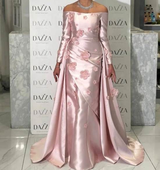 Elegant 3D Floral Pink Long Sleeves Satin Prom Dress with Overskirt LP014