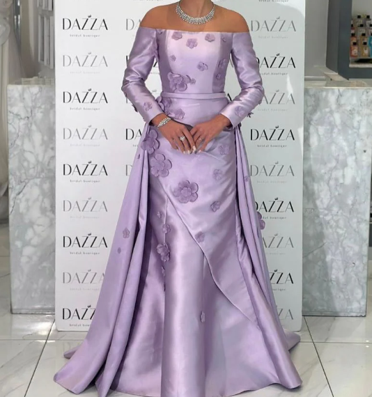 Elegant 3D Floral Pink Long Sleeves Satin Prom Dress with Overskirt LP014