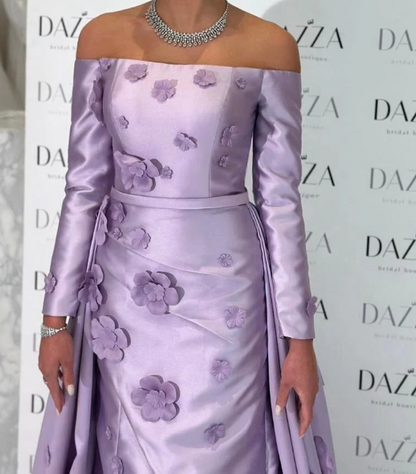 Elegant 3D Floral Pink Long Sleeves Satin Prom Dress with Overskirt LP014