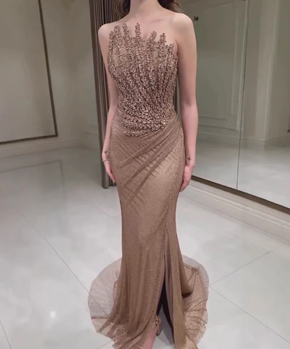 Chic Camel Crystal Strapless Mermaid Tulle Prom Dress with Train LP009