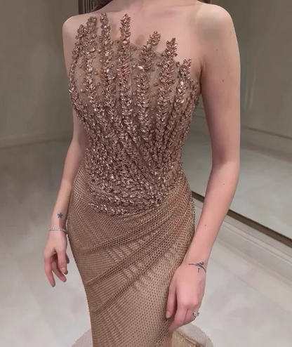 Chic Camel Crystal Strapless Mermaid Tulle Prom Dress with Train LP009