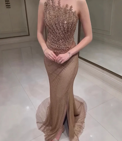 Chic Camel Crystal Strapless Mermaid Tulle Prom Dress with Train LP009