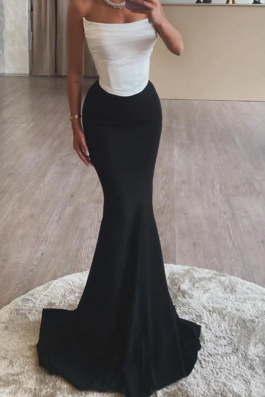 Simple Black&White Strapless Mermaid Prom Formal Dress with Train SP021