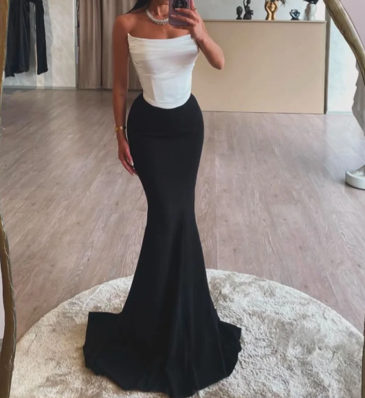 Simple Black&White Strapless Mermaid Prom Formal Dress with Train SP021