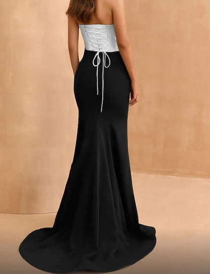 Simple Black&White Strapless Mermaid Prom Formal Dress with Train SP021