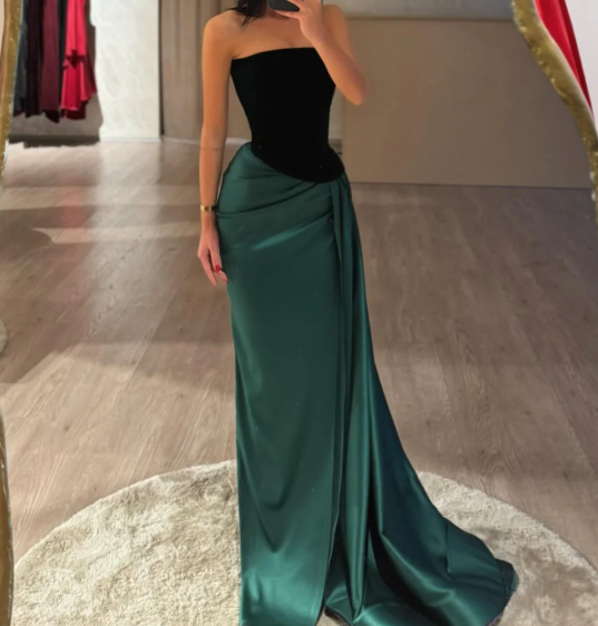 Simple Black&Green Tube Top Sleeveless Satin Prom Dress with Slit SP024