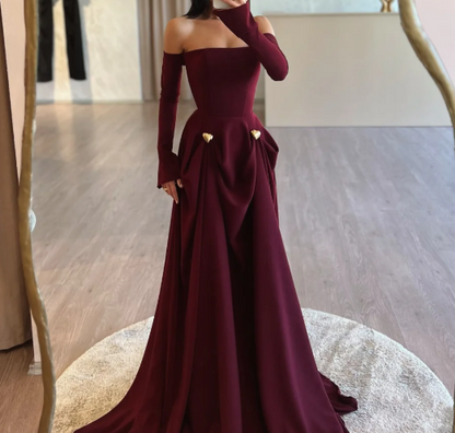Elegant Burgundy Tube Top Long Sleeves Draped Satin Prom Dress SP025