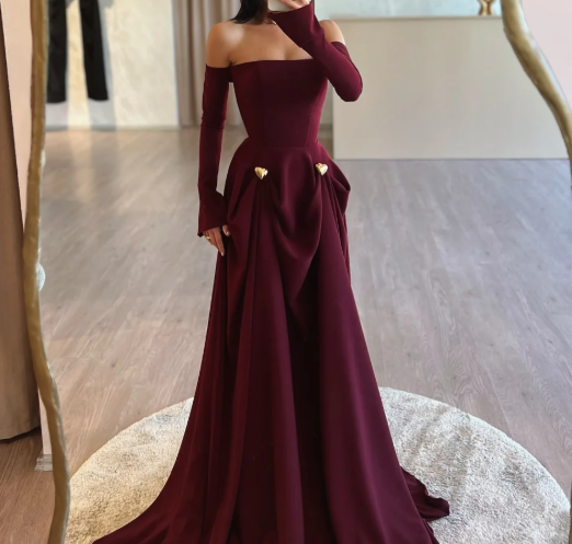 Elegant Burgundy Tube Top Long Sleeves Draped Satin Prom Dress SP025