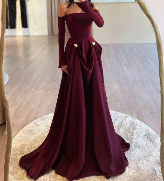 Elegant Burgundy Tube Top Long Sleeves Draped Satin Prom Dress SP025