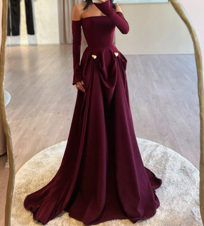 Elegant Burgundy Tube Top Long Sleeves Draped Satin Prom Dress SP025