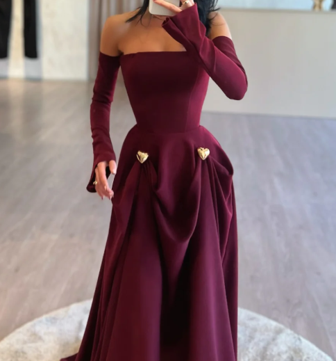 Elegant Burgundy Tube Top Long Sleeves Draped Satin Prom Dress SP025
