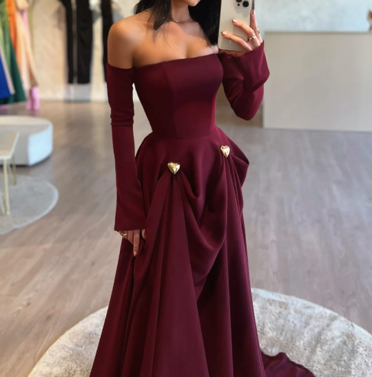 Elegant Burgundy Tube Top Long Sleeves Draped Satin Prom Dress SP025