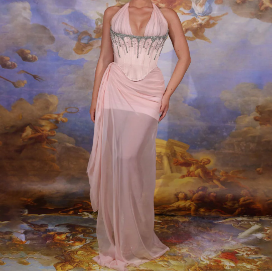 Elegant Halter Neck Navy Blue Beaded Chiffon Prom Evening Dress SP045