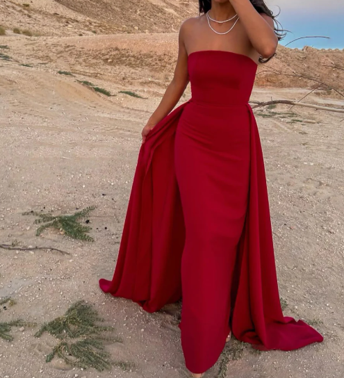 Elegant Red Strapless Sheath Satin Prom Dress Formal Gown with Overskirt SP027