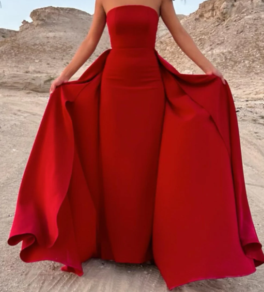 Elegant Red Strapless Sheath Satin Prom Dress Formal Gown with Overskirt SP027