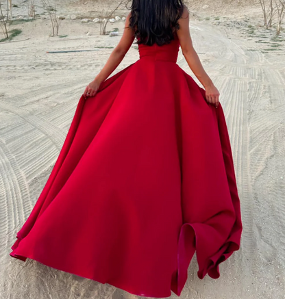 Elegant Red Strapless Sheath Satin Prom Dress Formal Gown with Overskirt SP027