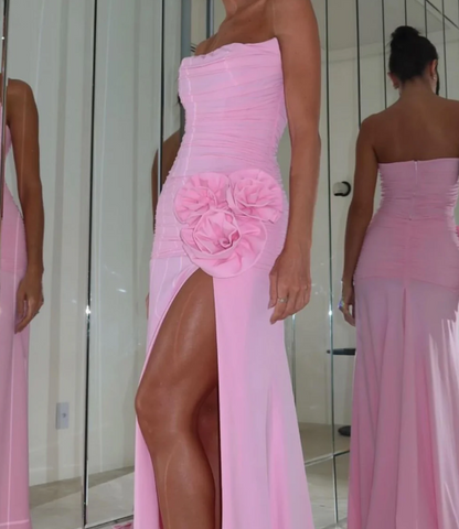 Gorgeous 3D Floral Pink Strapless Ruched Chiffon Prom Party Dress SP028