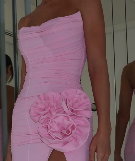 Gorgeous 3D Floral Pink Strapless Ruched Chiffon Prom Party Dress SP028