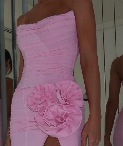 Gorgeous 3D Floral Pink Strapless Ruched Chiffon Prom Party Dress SP028