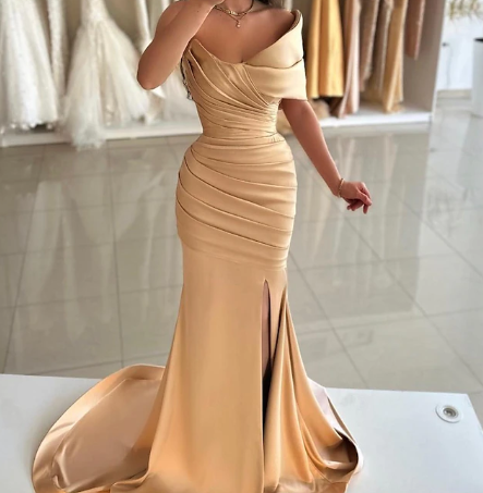 Classic Champagne One Shoulder Pleated Sheath Satin Prom Formal Gown SP030