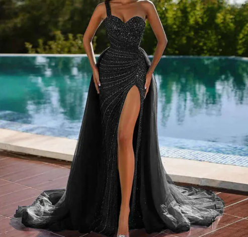 Glamorous Burgundy One Shoulder Beaded Prom Formal Dress with Overskirt LP001