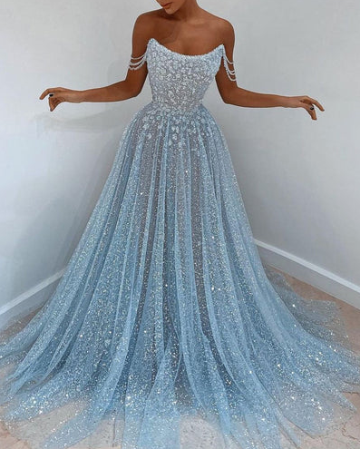 Stunning Blue Off-Shoulder Beaded A-Line Lace Evening Prom Dress LP003