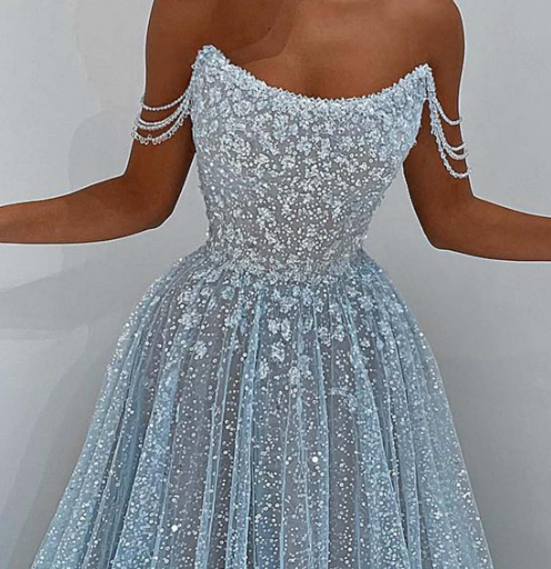 Stunning Blue Off-Shoulder Beaded A-Line Lace Evening Prom Dress LP003
