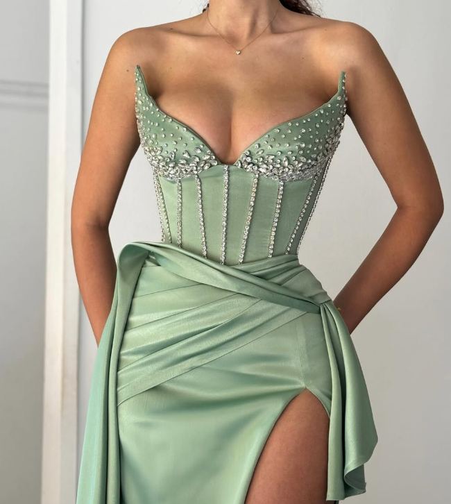 Elegant Sage Green Sweetheart Beaded Satin Prom Party Dress with Slit SP032