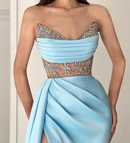 Elegant Beaded Blue Sweetheart Sheath Satin Prom Dress with Train SP034