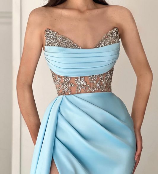 Elegant Beaded Blue Sweetheart Sheath Satin Prom Dress with Train SP034
