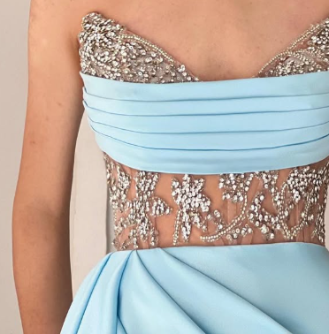 Elegant Beaded Blue Sweetheart Sheath Satin Prom Dress with Train SP034