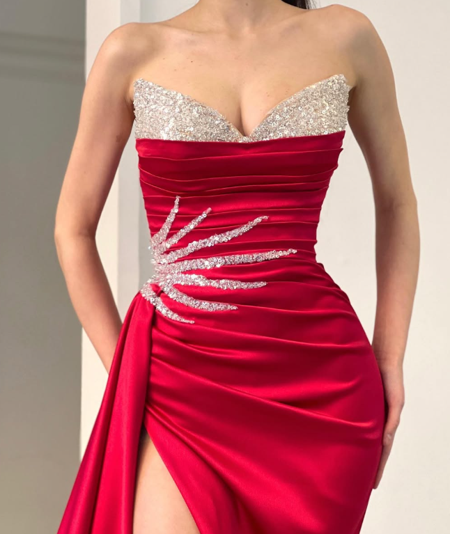 Classic Sweetheart Pink Sleeveless Sequined Satin Prom Dress with Slit SP035