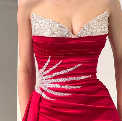 Classic Sweetheart Pink Sleeveless Sequined Satin Prom Dress with Slit SP035