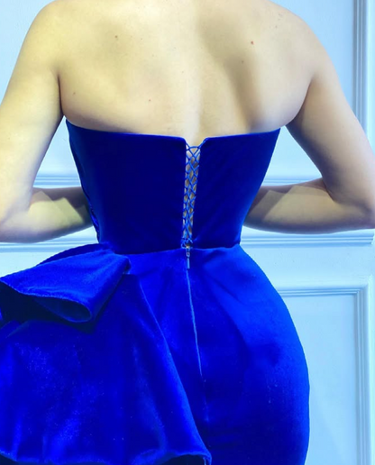 Graceful Royal Blue Strapless Side Slit Prom Evening Dress with Train SP036