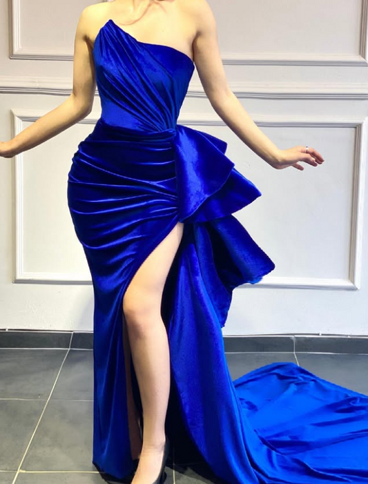 Graceful Royal Blue Strapless Side Slit Prom Evening Dress with Train SP036