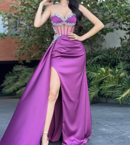 Sexy Purple Crystal Sweetheart Pleated Satin Evening Prom Party Dress with Slit SP038