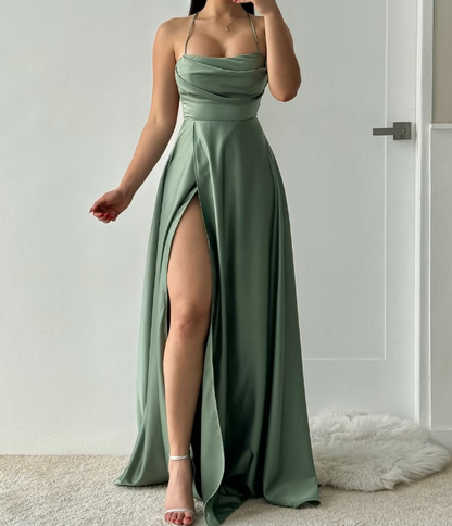 Simple Lavender Spaghetti Straps A-Line Satin Prom Dress with Slit SP039