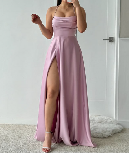 Simple Lavender Spaghetti Straps A-Line Satin Prom Dress with Slit SP039