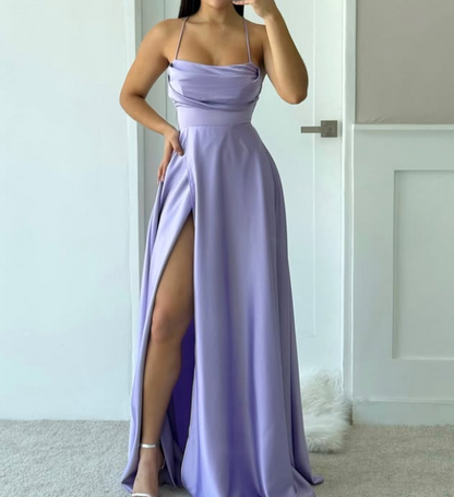 Simple Lavender Spaghetti Straps A-Line Satin Prom Dress with Slit SP039