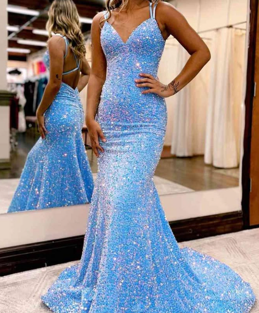 Stunning Blue Spaghetti Straps Mermaid Evening Prom Dress with Beaded LP015