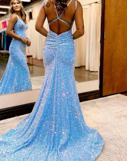 Stunning Blue Spaghetti Straps Mermaid Evening Prom Dress with Beaded LP015