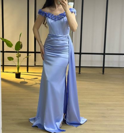 Elegant 3D Floral Off-Shoulder White Mermaid Satin Prom Formal Gown with Slit SP047