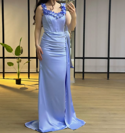 Elegant 3D Floral Off-Shoulder White Mermaid Satin Prom Formal Gown with Slit SP047