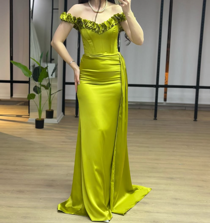 Elegant 3D Floral Off-Shoulder White Mermaid Satin Prom Formal Gown with Slit SP047