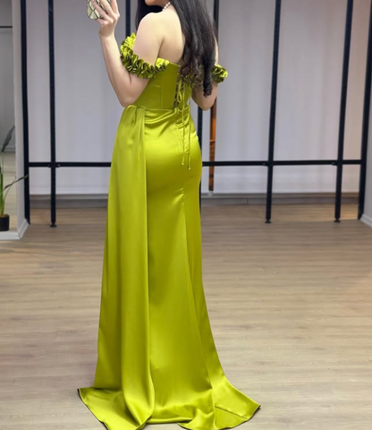 Elegant 3D Floral Off-Shoulder White Mermaid Satin Prom Formal Gown with Slit SP047