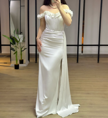 Elegant 3D Floral Off-Shoulder White Mermaid Satin Prom Formal Gown with Slit SP047