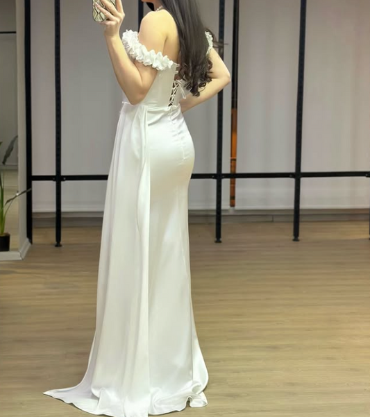 Elegant 3D Floral Off-Shoulder White Mermaid Satin Prom Formal Gown with Slit SP047
