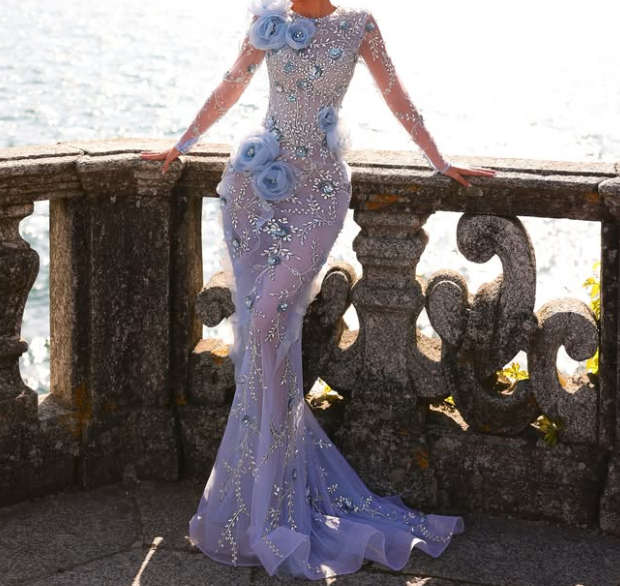 Glamorous 3D Floral Blue Crystal Long Sleeves Mermaid Prom Party Gown LP016