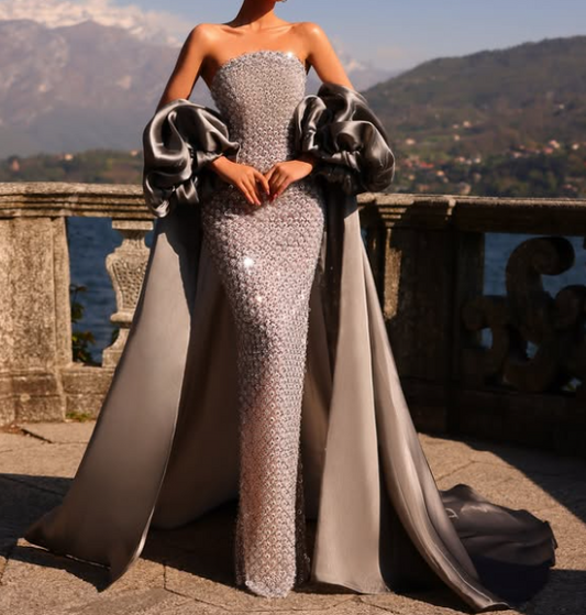Sparkly Crystal Silver Grey Strapless Prom Dress with Detachable Overskirt LP017