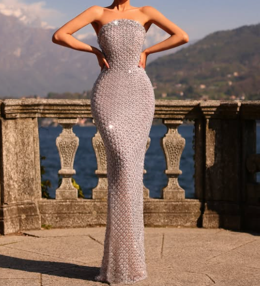 Sparkly Crystal Silver Grey Strapless Prom Dress with Detachable Overskirt LP017